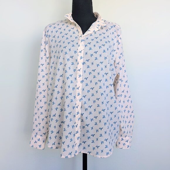 LOFT Large Petite Light Pink Blue Bird Print Button-Up Ruffle Collar Blouse - Picture 2 of 6